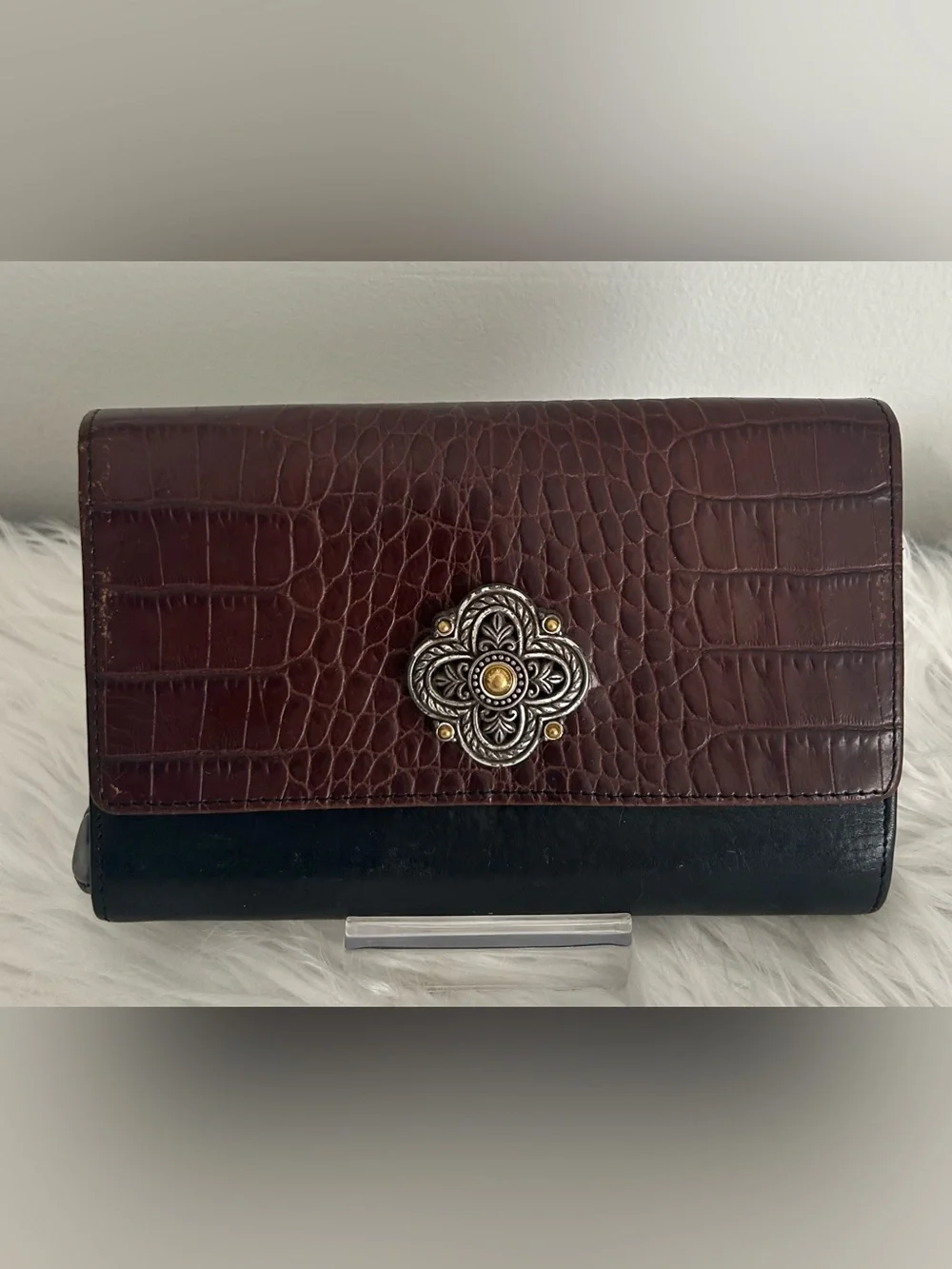 Brighton Brown Croc Embossed Black Leather Organizer Wallet Clutch